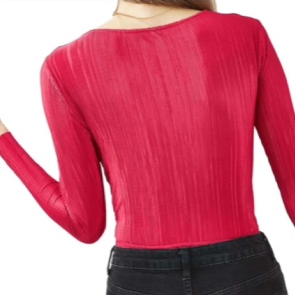 Topshop Plissé Faux Wrap Long Sleeve Bodysuit Pink Size 4 - Picture 2 of 13